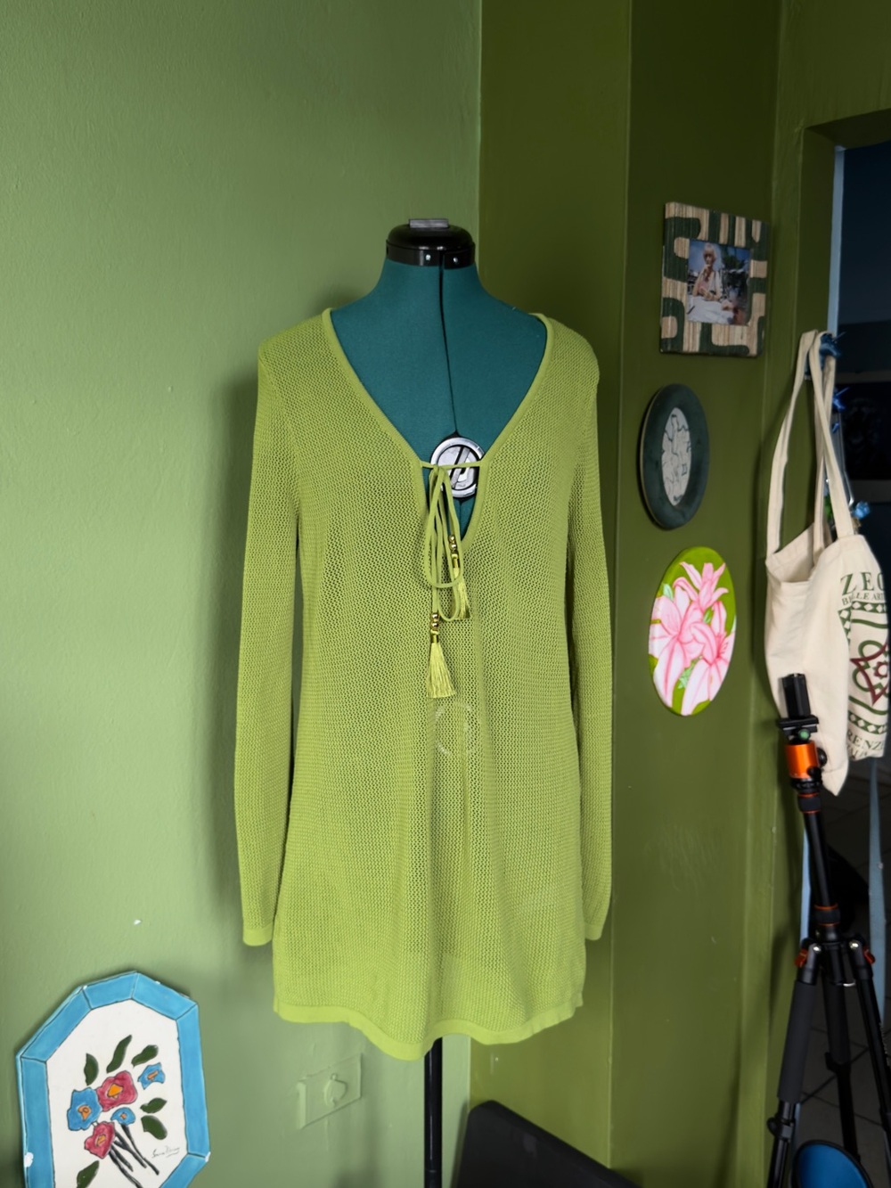 Green lime women’s swimwear coverup oversized shirt - Knitted